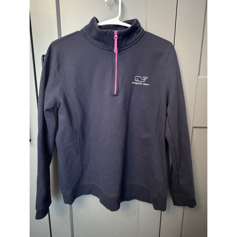 Vineyard Vines Womens Navy Pink Quarter Zip Whale Logo Pullover Sweatshirt L